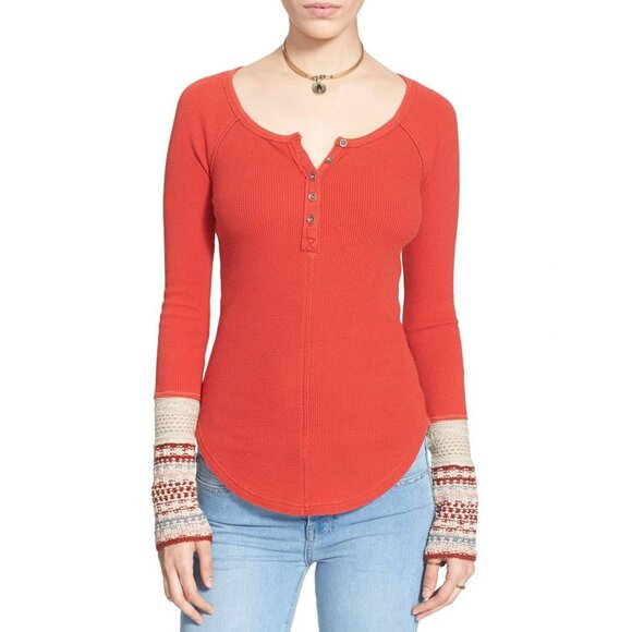 FREE PEOPLE Thermal Top Long Sleeve Crochet Cuffs Size XS - Picture 1 of 11